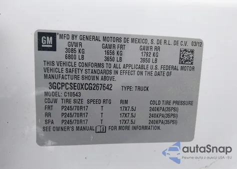 2012 Chevrolet Silverado 1500 Lt from USA, damaged, VIN 3GCPCSE0XCG267642